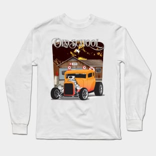 Orange 1932 Chevy 5 Window Coupe Hot Rod Old School Print Long Sleeve T-Shirt